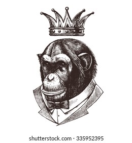 King of monkeys. Chimpanzees in the tuxedo and in the crown. Vector illustration.