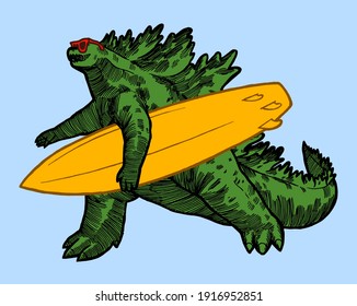 King of monsters carrying surfboard. Isolated Japanese monster beach character illustration.