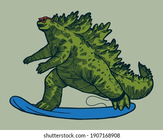 King of monsters surfing. Japanese enormous mythical creature riding surfboard. Funny isolated dino character vector illustration.