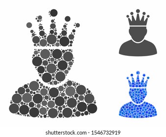 King mosaic of filled circles in variable sizes and color tones, based on king icon. Vector filled circles are combined into blue composition. Dotted king icon in usual and blue versions.
