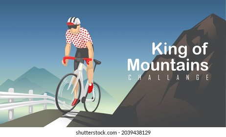 el rey del desafío de las montañas. ciclista en bicicleta de montaña con fondo montañoso. ilustración vectorial de estilo plano