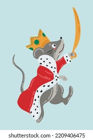 King mouse with a saber. The character of a children's fairy tale is the Nutcracker. Holiday card design. Colorful vector illustration. New year illustration. Greeting card template.