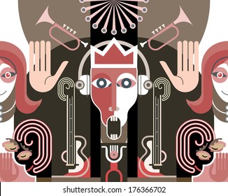 King of Music - color vector illustration. Musical collage.