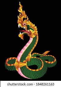 King Naga, big snake Tradion Thai art isolated on black. Graphic vector