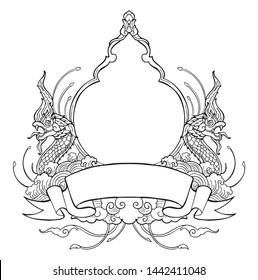 King of Nagas frame with Thai tradition ornamental style design with ribbon label  for write some wording  and decorative water wave spread cloud concept like on paradise vector 