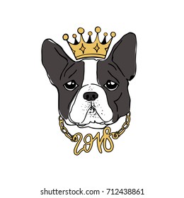 King of the new year. Vector funny poster. Drawn french bulldog in the crown and with the number 2018 on the gold collar. Dog is symbol of Chinese New Year. Hand drawn holiday image. 