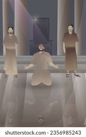 Rey de Nínive de rodillas. Arrepentimiento de Nínive. Jonás en Nínive. Historias de la Biblia. Ilustración vectorial. Antiguo testamento