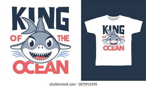 King of the ocean typography cute shark cartoon vector illustration design