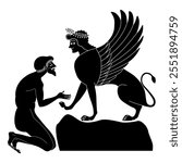 King Oedipus and the Sphinx. Ancient Greek mythology. Philosophical concept of enigma. Vase painting style. Black and white silhouette.