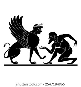 King Oedipus and the Sphinx. Ancient Greek mythology. Philosophical concept of enigma. Black and white silhouette.