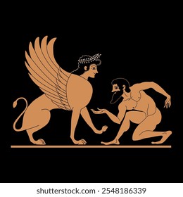 King Oedipus and the Sphinx. Ancient Greek mythology. Philosophical concept of enigma. Vase painting style.