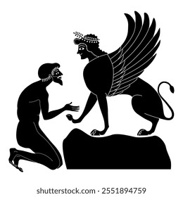 King Oedipus and the Sphinx. Ancient Greek mythology. Philosophical concept of enigma. Vase painting style. Black and white silhouette.