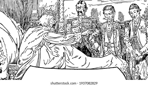 The king on couch scolding three men standing near couch, vintage line drawing or engraving illustration