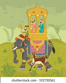 King on elephant ride in Indian art style