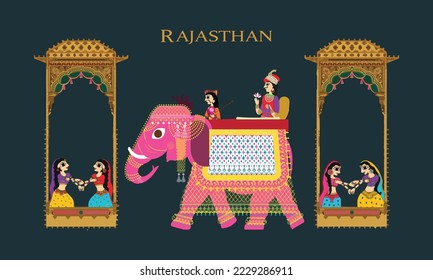 King on elephant ride in Indian art style. Traditional Mughal Elephant miniature vector.