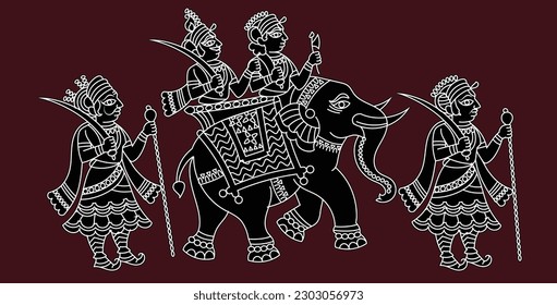 King on an elephant with soldiers drawn in the Pinguli folk art style of Maharashtra India. Ramayan great Hindu epic, for textile printing, logo, wallpaper