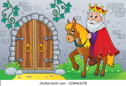 King on horse by old door theme image 1 - eps10 vector illustration.