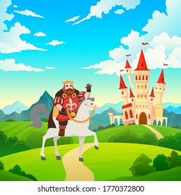 King on horseback. Prince in crown and royal clothes rides to castle or palace on horse on medieval mansion landscape, illustration for child fairytale, cartoon flat vector image