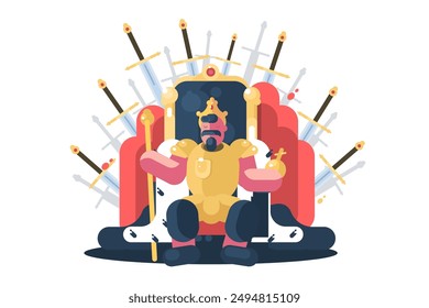 King on Throne with Swords. Vector illustration of a king on a throne surrounded by swords.