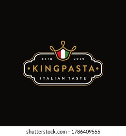 King pasta logo icon vector template with crown noodle symbol on black background