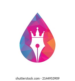 King pen and drop shape vector logo design. Royal Pen crown Logo design vector template.