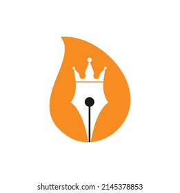 King pen and drop shape vector logo design. Royal Pen crown Logo design vector template.