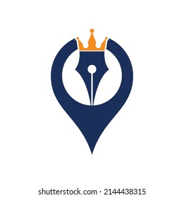 King Stift und Karte Pin Form Vektor Logo Design. Royal Pen Kronen Logo Design, Vektorvorlage.