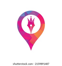King pen and map pin shape vector logo design. Royal Pen crown Logo design vector template.