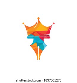 Diseño del logotipo del vector de la pluma King. Plantilla vectorial de diseño del logotipo de la corona de la pluma real. 