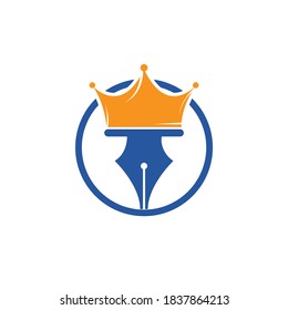 Diseño del logotipo del vector de la pluma King. Plantilla vectorial de diseño del logotipo de la corona de la pluma real. 
