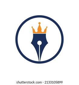 Diseño del logotipo del vector de la pluma King. Plantilla vectorial de diseño del logotipo de la corona de la pluma real.