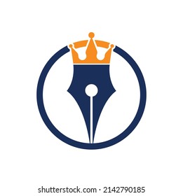 Diseño del logotipo del vector de la pluma King. Plantilla vectorial de diseño del logotipo de la corona de la pluma real.