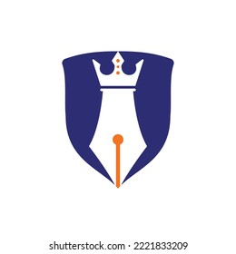 Diseño del logotipo del vector de la pluma King. Plantilla vectorial de diseño del logotipo de la corona de la pluma real.