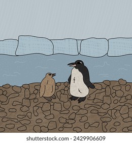 King penguin and a chick. Vector hand drawn cartoon illustration. Two Antarctic birds on the beach near the sea and icebergs. Polar textured illustration