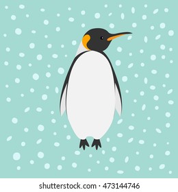 King Penguin Emperor Aptenodytes Patagonicus Snow in the sky Flat design Winter antarctica background Vector illustration