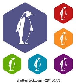 King penguin icons set hexagon isolated vector illustration