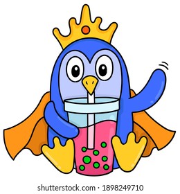 der König der Pinguine trinken Boba Eis mit einem glücklichen Gesicht, doodle ziehen kawaii. Vektorgrafik-Kunst