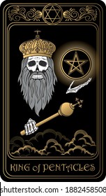 King of pentacles. Card of Minor arcana black and gold tarot cards. Tarot deck. Vector hand drawn illustration with skull, occult, mystical and esoteric symbols.