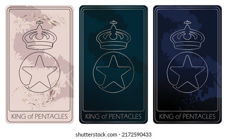 King of Pentacles. A card of Minor arcana one line drawing tarot cards. Tarot deck. Vector hand drawn illustration with occult, mystical and esoteric symbols. 3 colors. Proposional to 2,75x4,75 in.