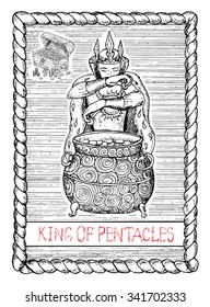 King of pentacles. The minor arcana tarot card, vintage hand drawn engraved illustration with mystic symbols. Man with treasures, rich man dropping coins to the decorated pot full of money