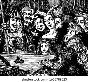 The king and people near him looking at little man riding on rat on table, vintage line drawing or engraving illustration