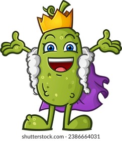 King pickle, the exalted benevolent ruler of the pickle ball kingdom offing a hug to their royal subjects and wearing a golden crown and a royal purple suede cape