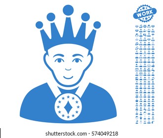 King pictograph with bonus human design elements. Vector illustration style is flat iconic cobalt symbols on white background.