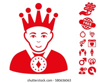 King pictograph with bonus passion design elements. Vector illustration style is flat iconic red symbols on white background.