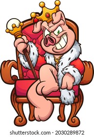 King pig with evil smile sitting on throne. Vector clip art illustration with simple gradients. All on a single layer.
