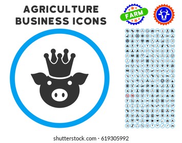 King Pig rounded icon with agriculture commercial glyph kit. Vector illustration style is a flat iconic symbol inside a circle, blue and gray colors. Designed for web and software interfaces.