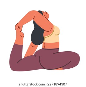 King pigeon yoga pose, meditation and keeping fit with asanas. Isolated woman in sport suit doing exercises. Stretching and relaxing. Eka pada rajakapotasana, gymnastics. Vector in flat style