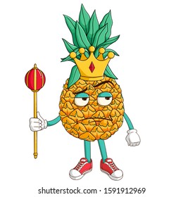 King of pineapple cartoon character holding the king stick with funny thinking expression