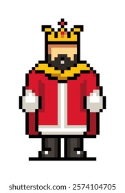 King in pixel style, 8 bit, 80s 90s old arcade game style, icon for game or mobile app, vector illustration