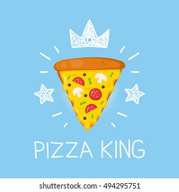 King pizza vector cartoon flat and doodle illustration. Crown and stars icon. Pizzeria concept design